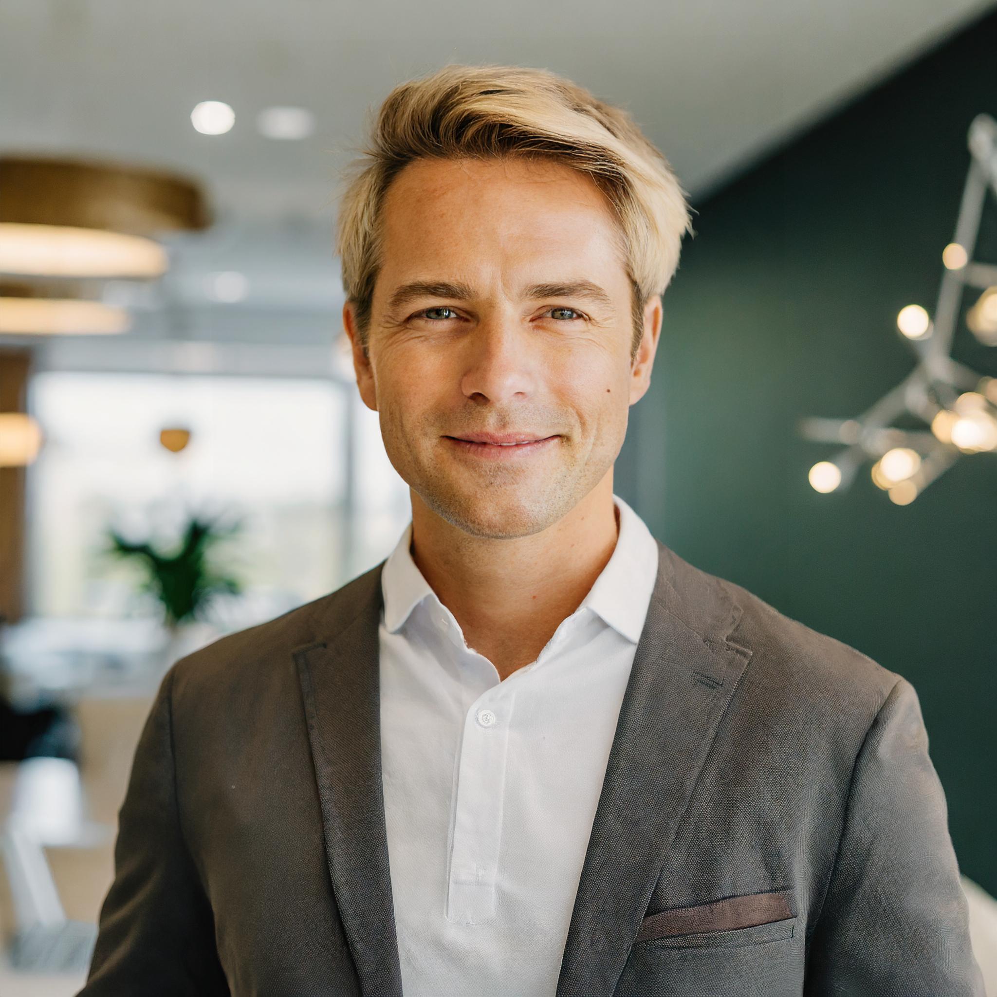 Männliche Person im Anzug mit freundlichem Gesichtsausdruck